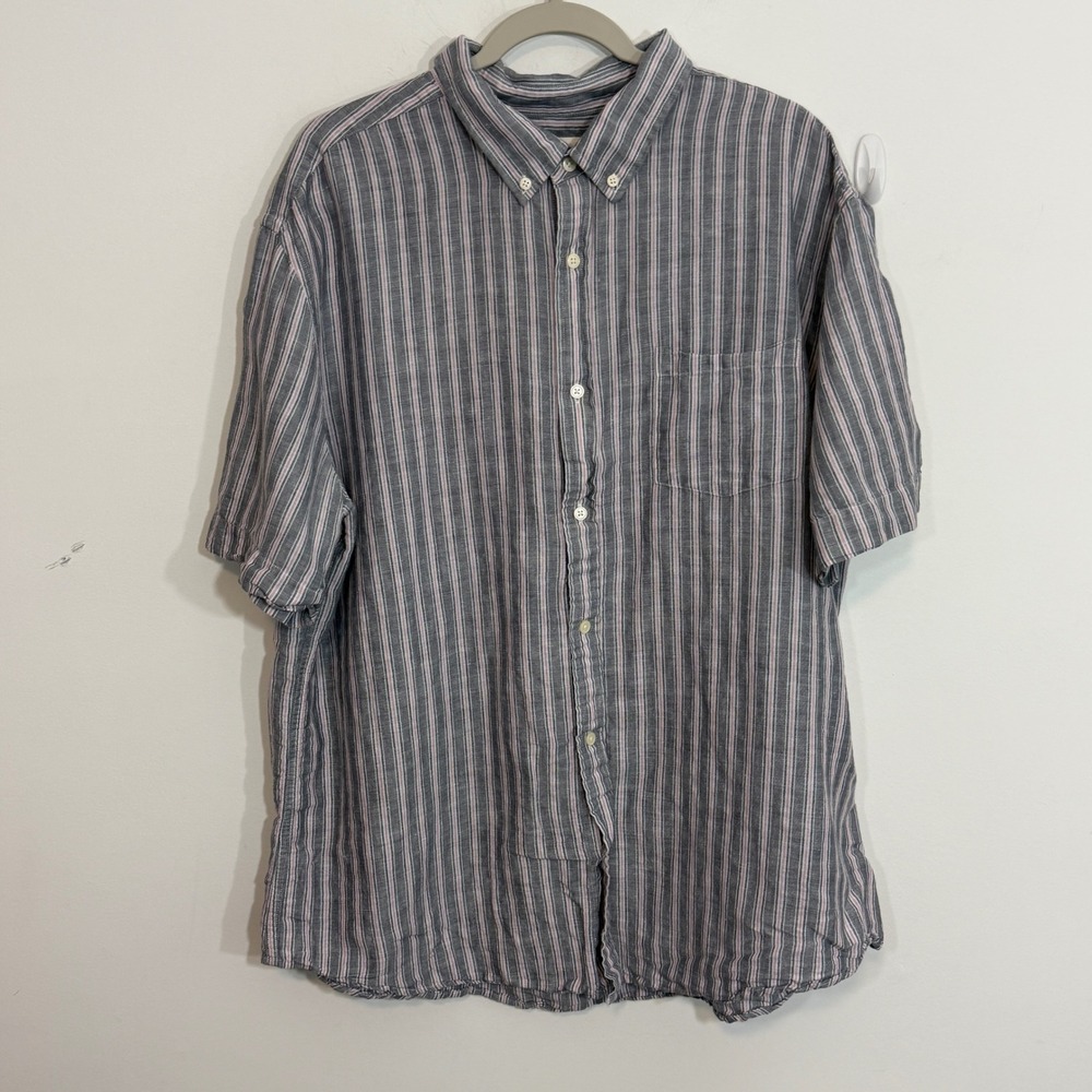St. Johns Bay Mens Shirt XXL Blue Pink Striped Linen Blend Coastal Casual